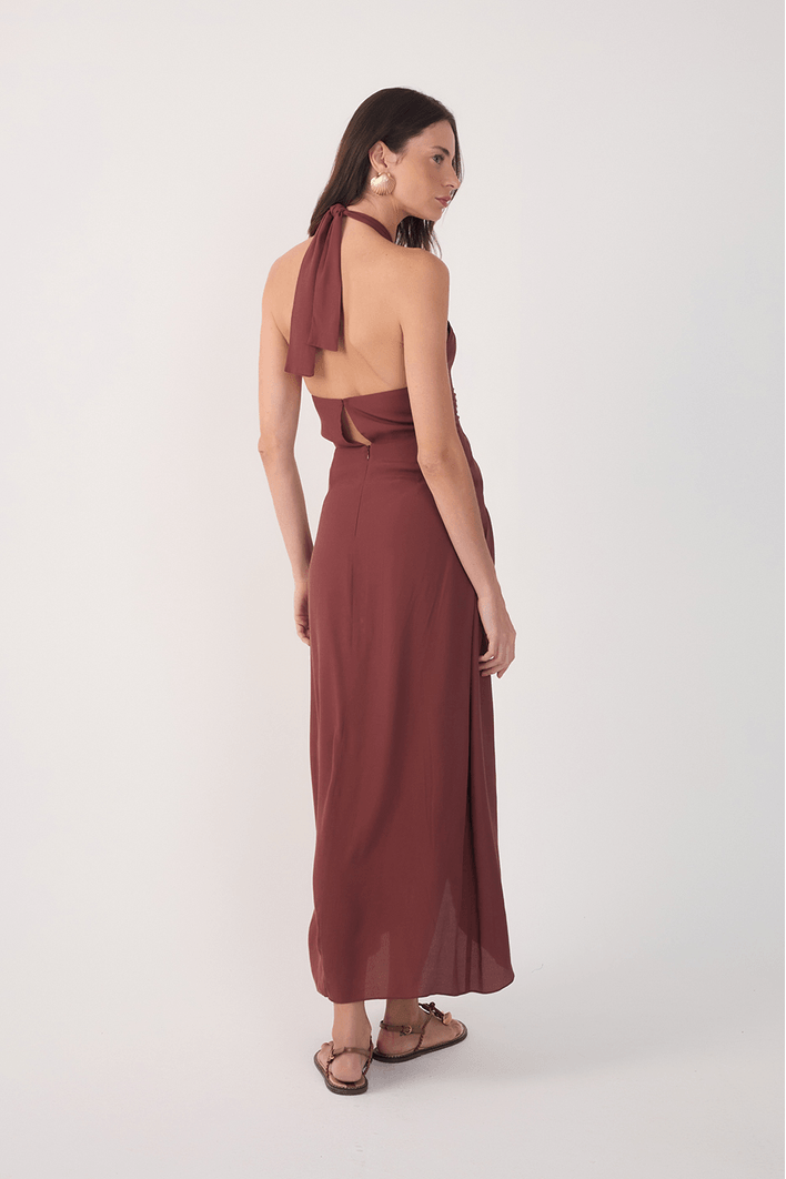 Vestido Midi Crepe Decote Torcido