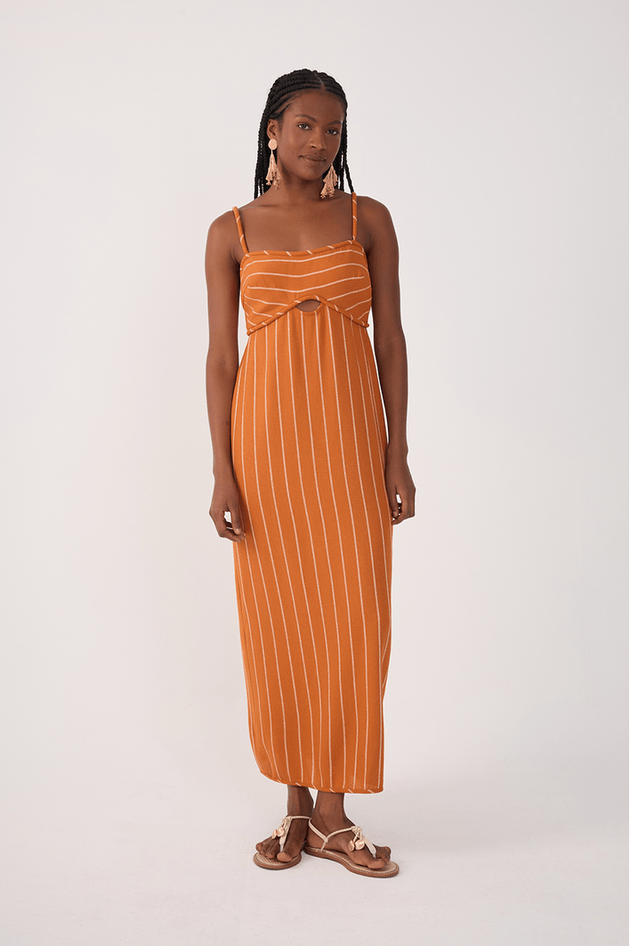 Vestido Cropped Linho Listrado Cadarço