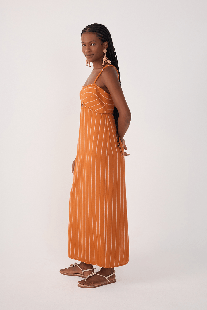 Vestido Cropped Linho Listrado Cadarço