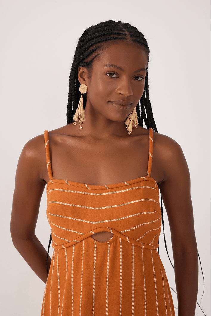 Vestido Cropped Linho Listrado Cadarço