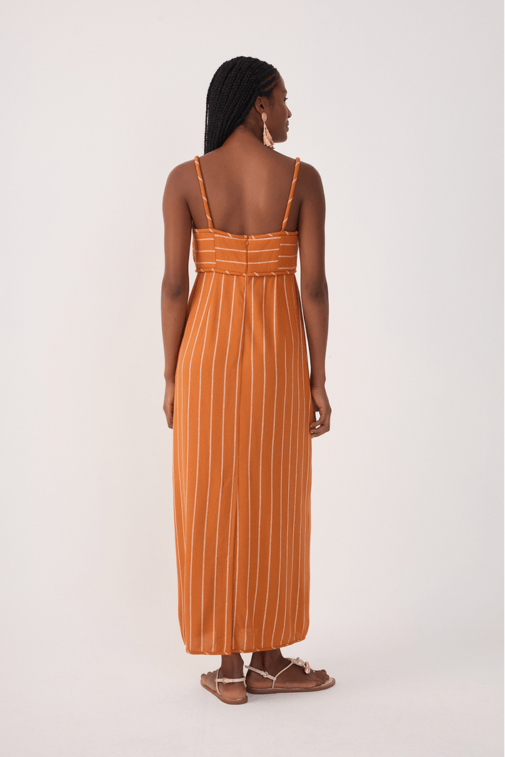 Vestido Cropped Linho Listrado Cadarço