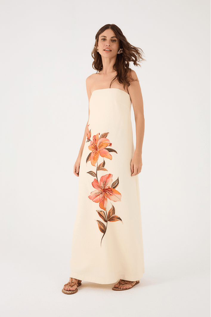 Vestido Longo Linho Estampa Pólen
