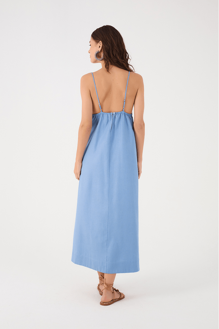 Vestido Midi Linho Busto Franzido