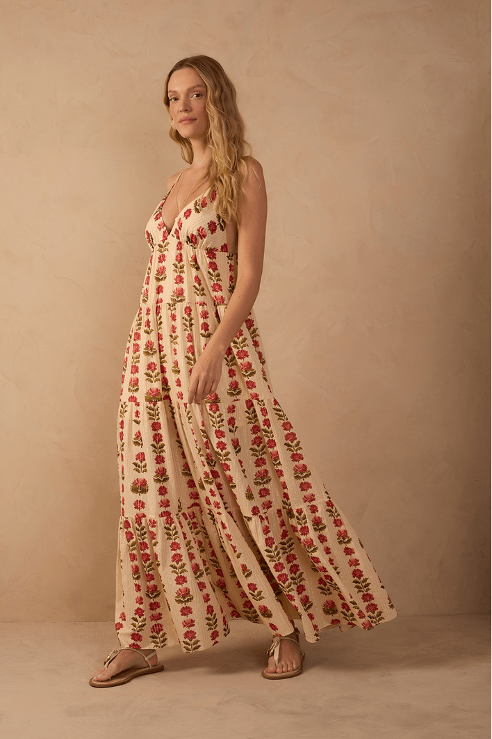 Vestido Longo Lurex Estampa Camélia