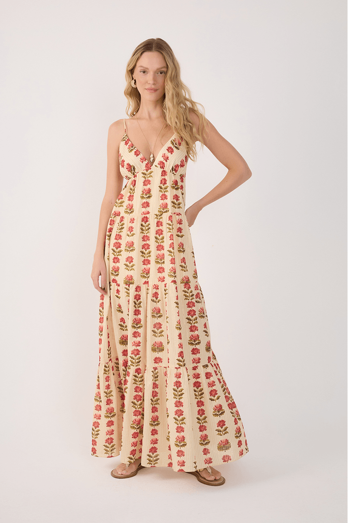 Vestido Longo Lurex Estampa Camélia