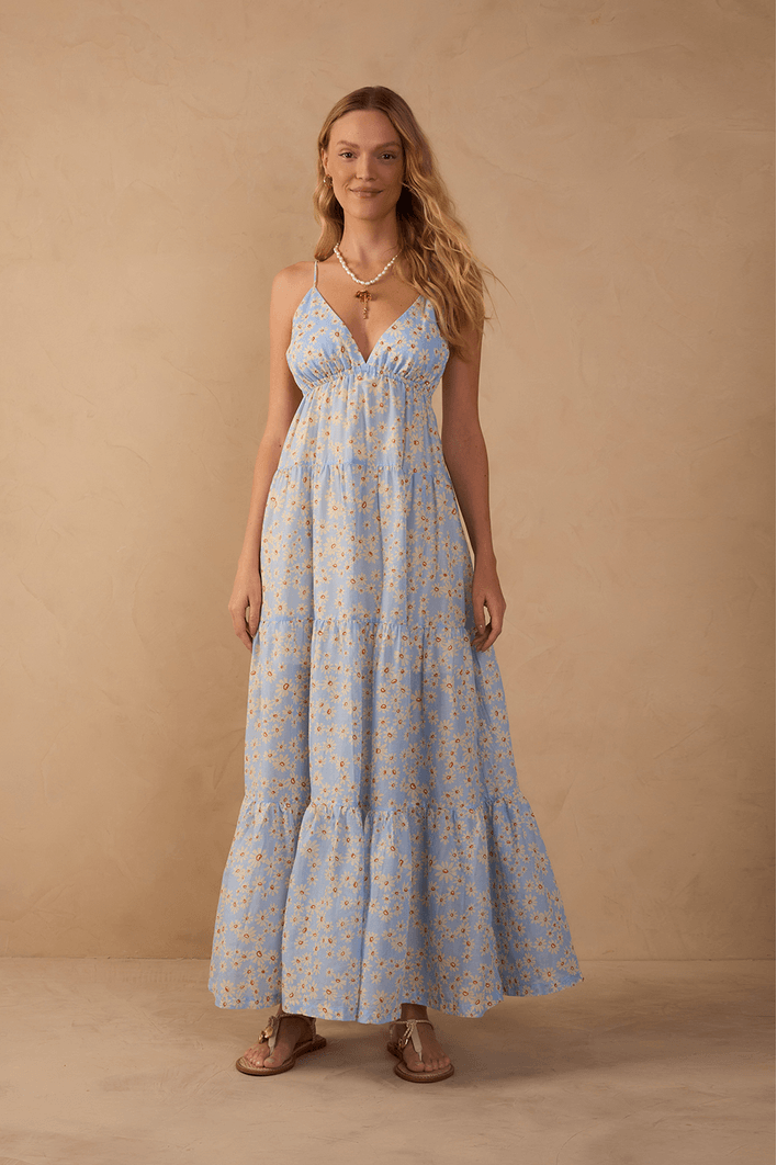 Vestido Longo Estampa Margaridas Azul