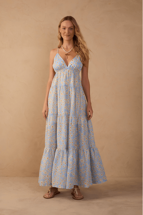 Vestido Longo Estampa Margaridas Azul