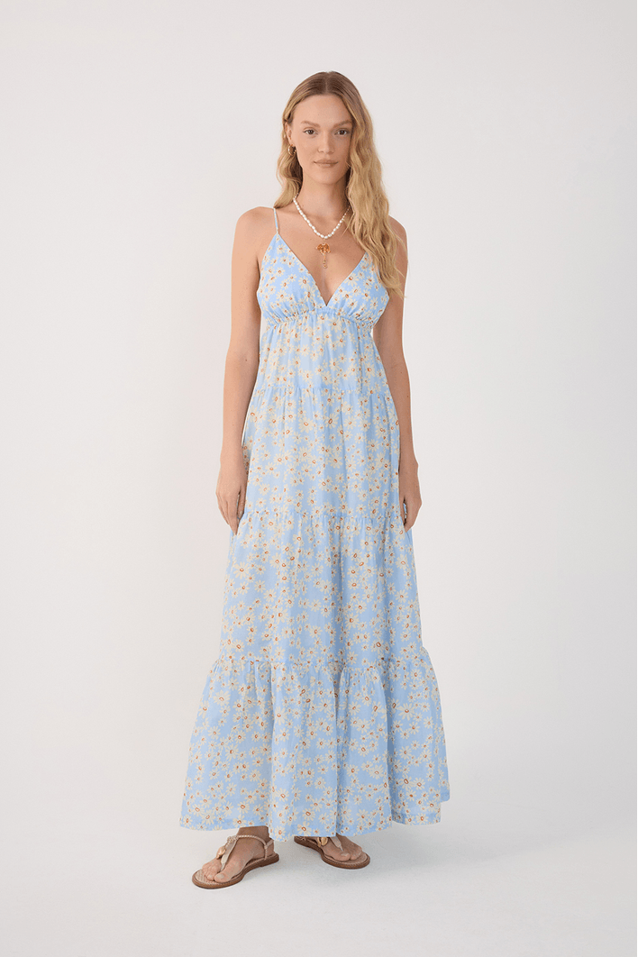 Vestido Longo Estampa Margaridas Azul