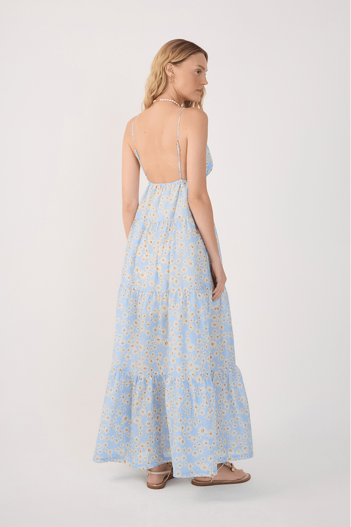 Vestido Longo Estampa Margaridas Azul