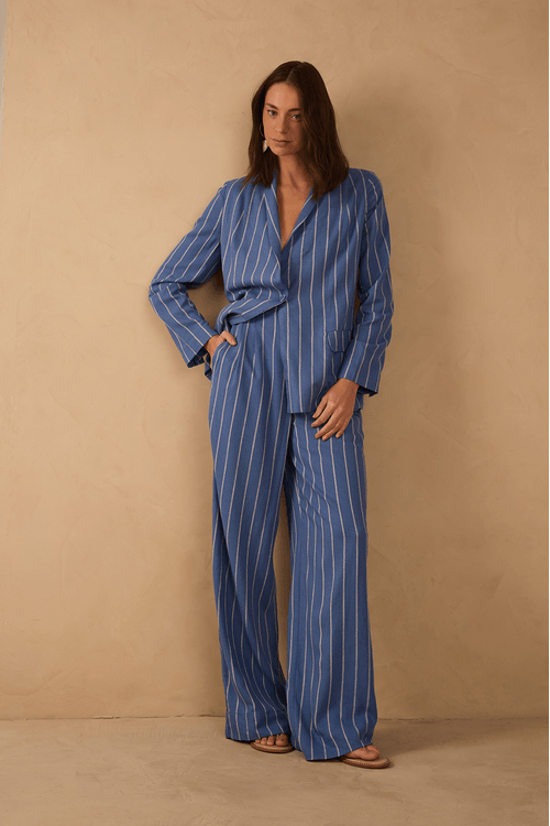 Calça Linho Listrado Pregas