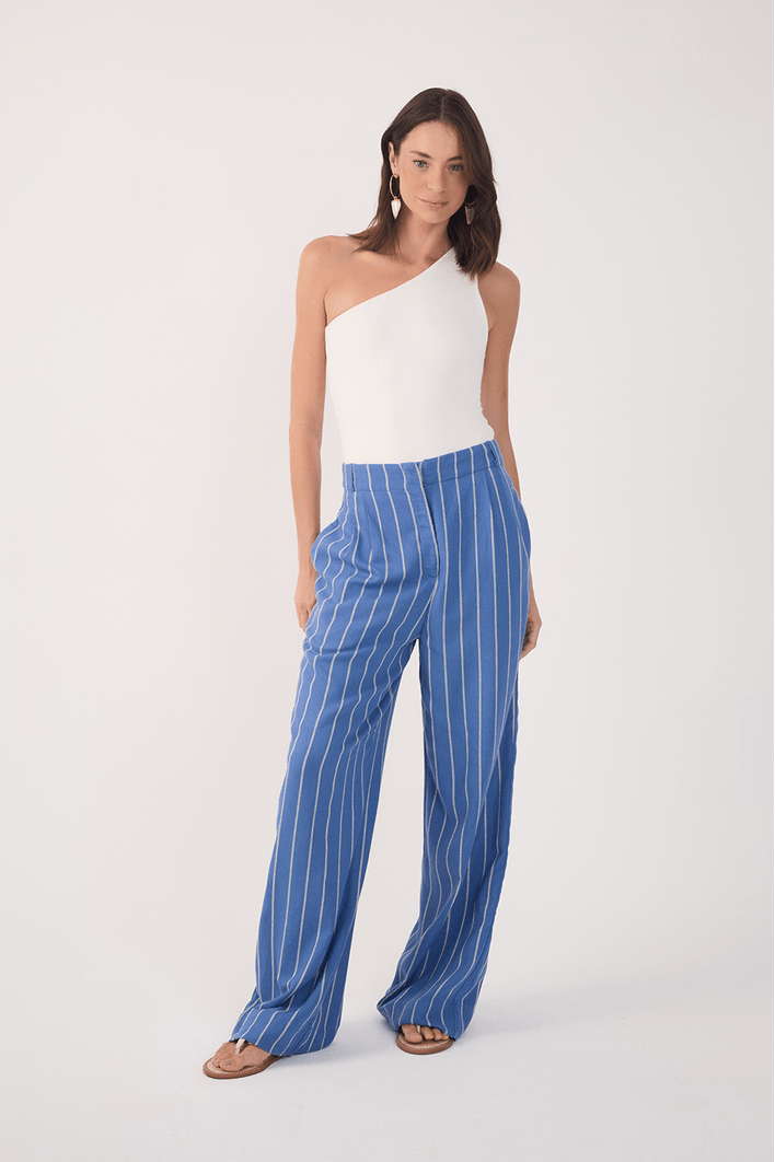 Calça Linho Listrado Pregas