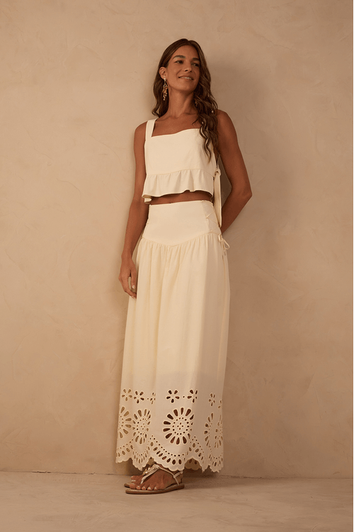 Saia Midi Algodão Bordado Barrado