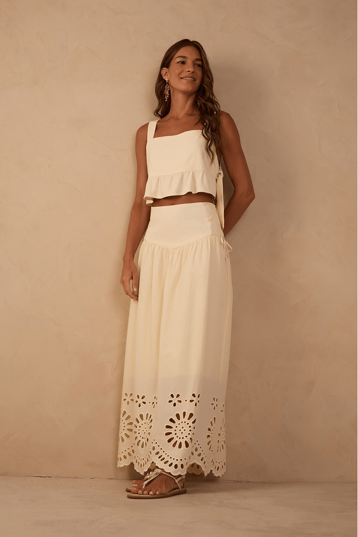 Saia Midi Algodão Bordado Barrado