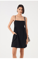 Vestido Curto Linho Bolsos Laterais