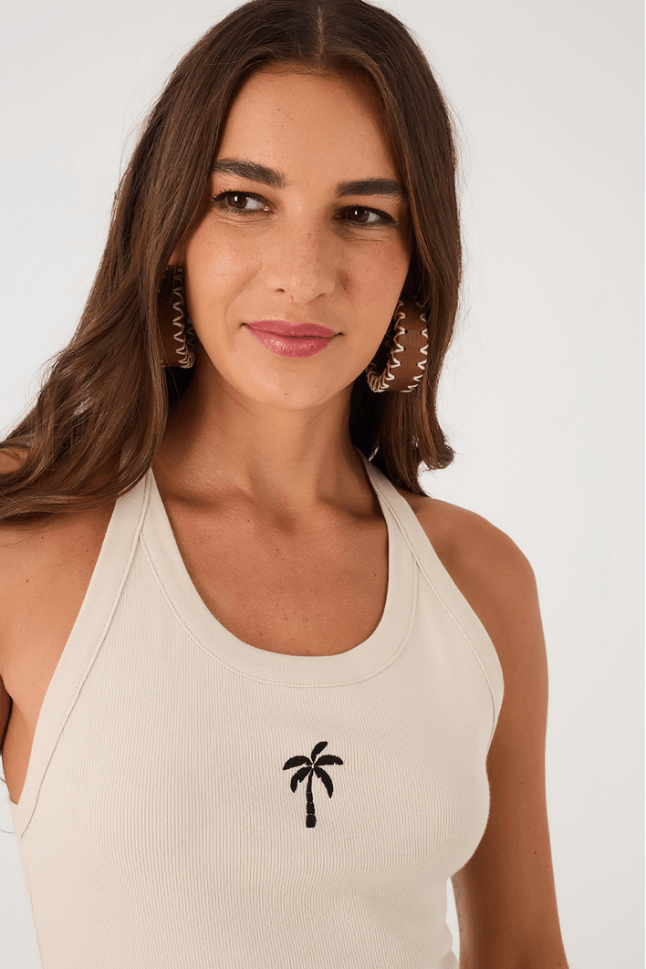 Camiseta Canelada Com Bordado Coqueiro
