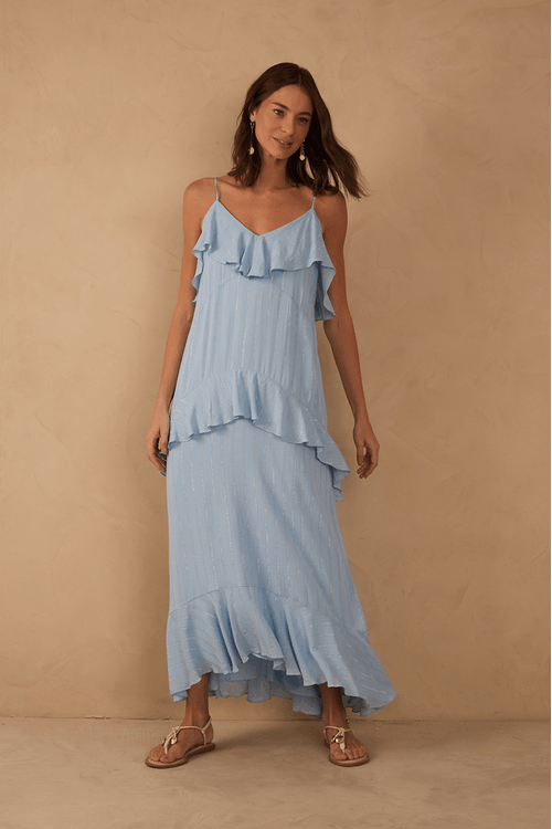 Vestido Longo Lurex Babados