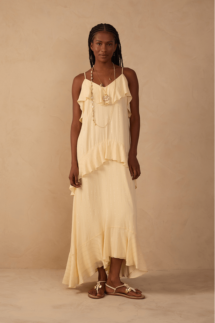 Vestido Longo Lurex Babados