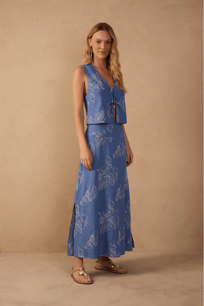 Saia Midi Linho Bordado Copo de Leite