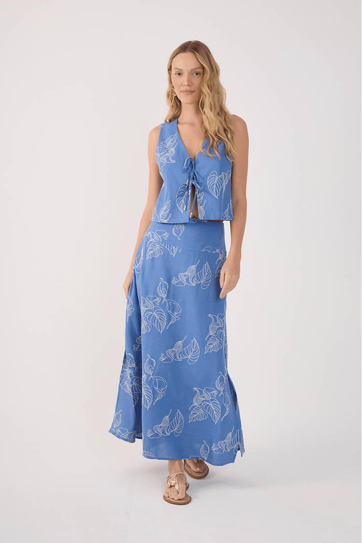 Saia Midi Linho Bordado Copo de Leite