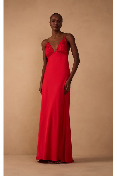 Vestido Cetim Decote Drapeado