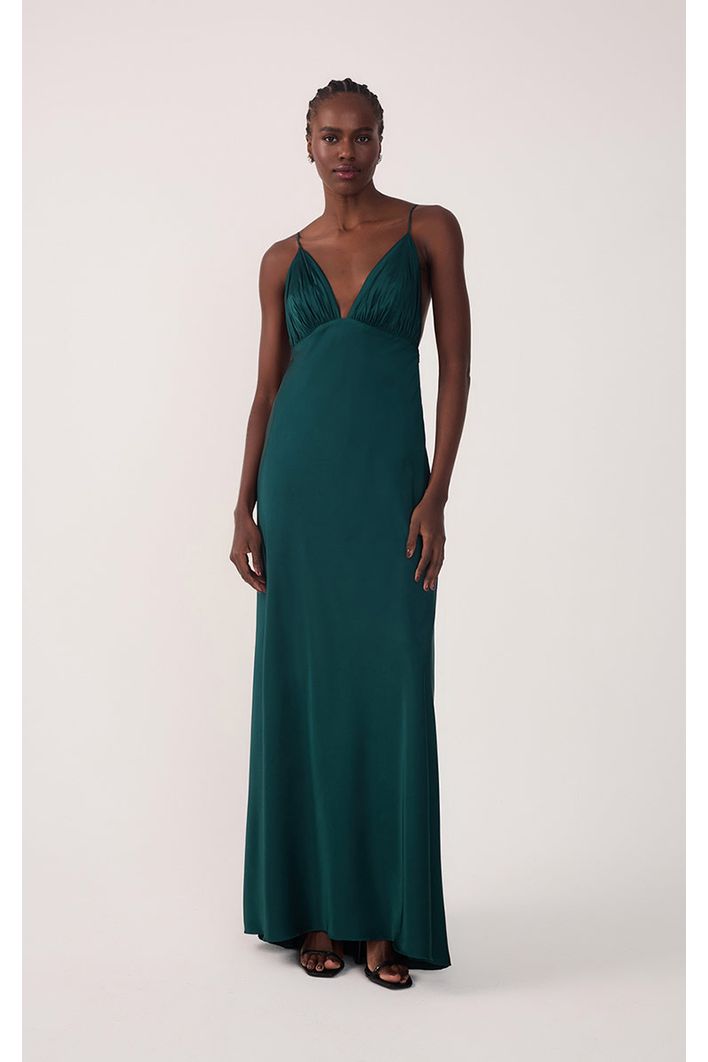 Vestido Cetim Decote Drapeado