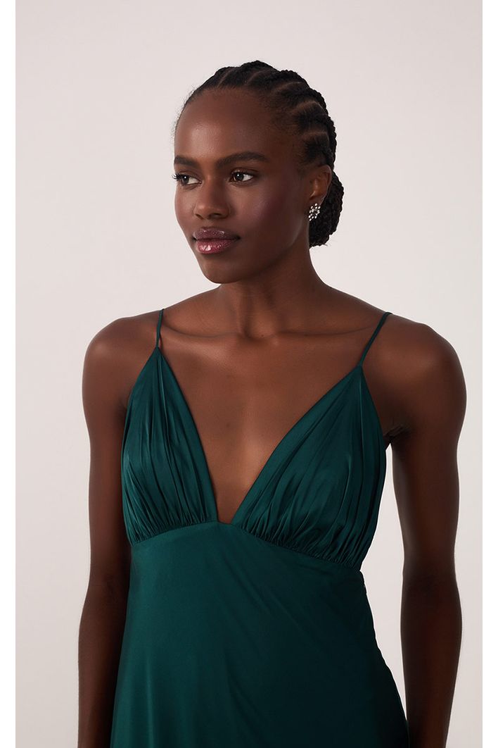 Vestido Cetim Decote Drapeado