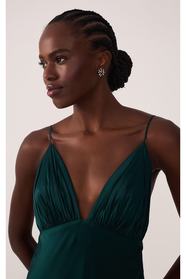 Vestido Cetim Decote Drapeado