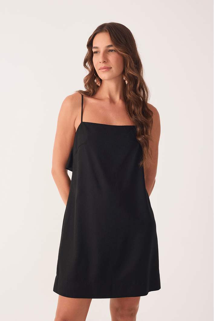 Vestido Curto Linho Babado Costas