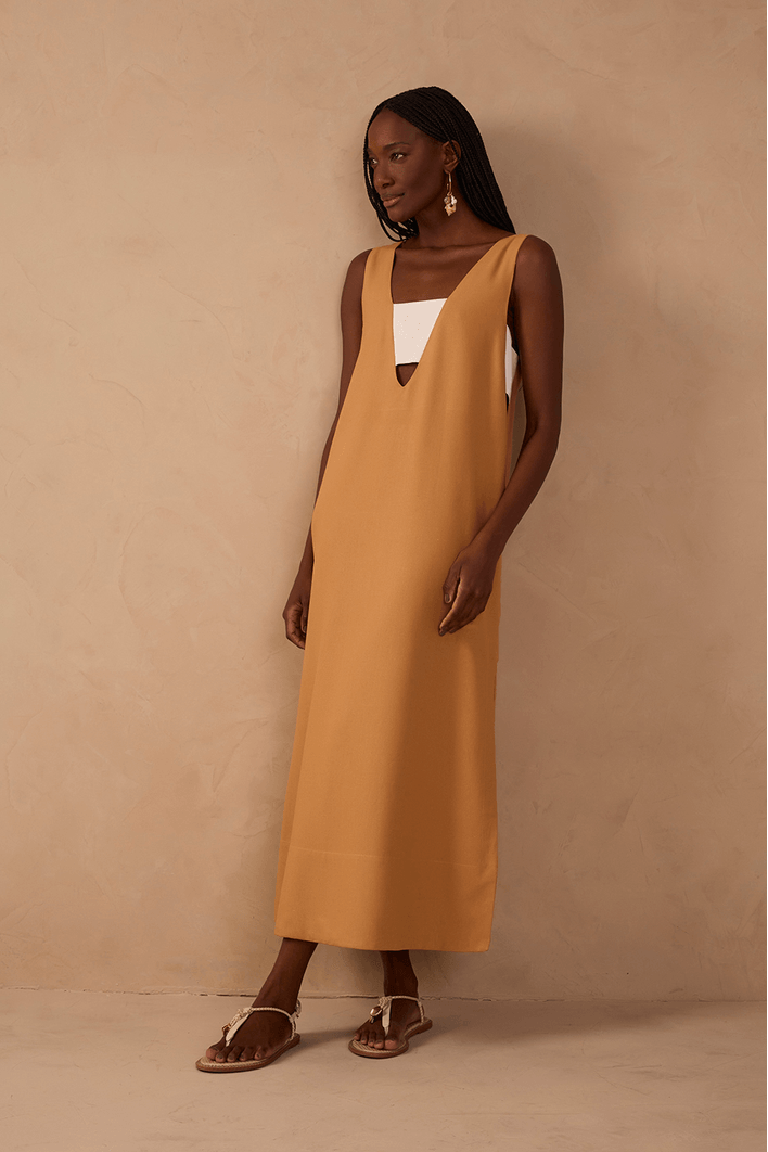 Vestido Cropped Linho Fenda Lateral