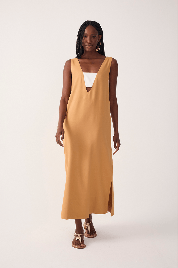 Vestido Cropped Linho Fenda Lateral