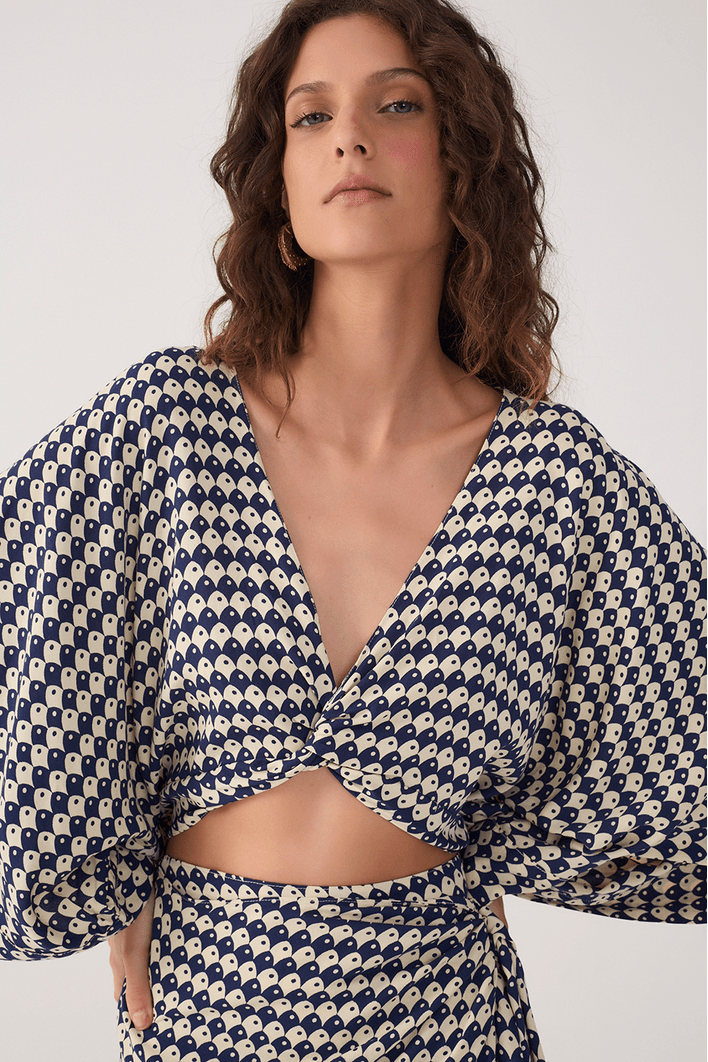 Vestido Cropped Estampa Escama Azul
