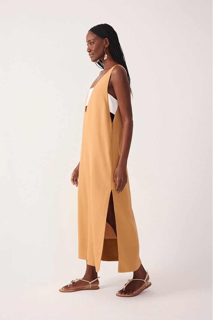 Vestido Cropped Linho Fenda Lateral