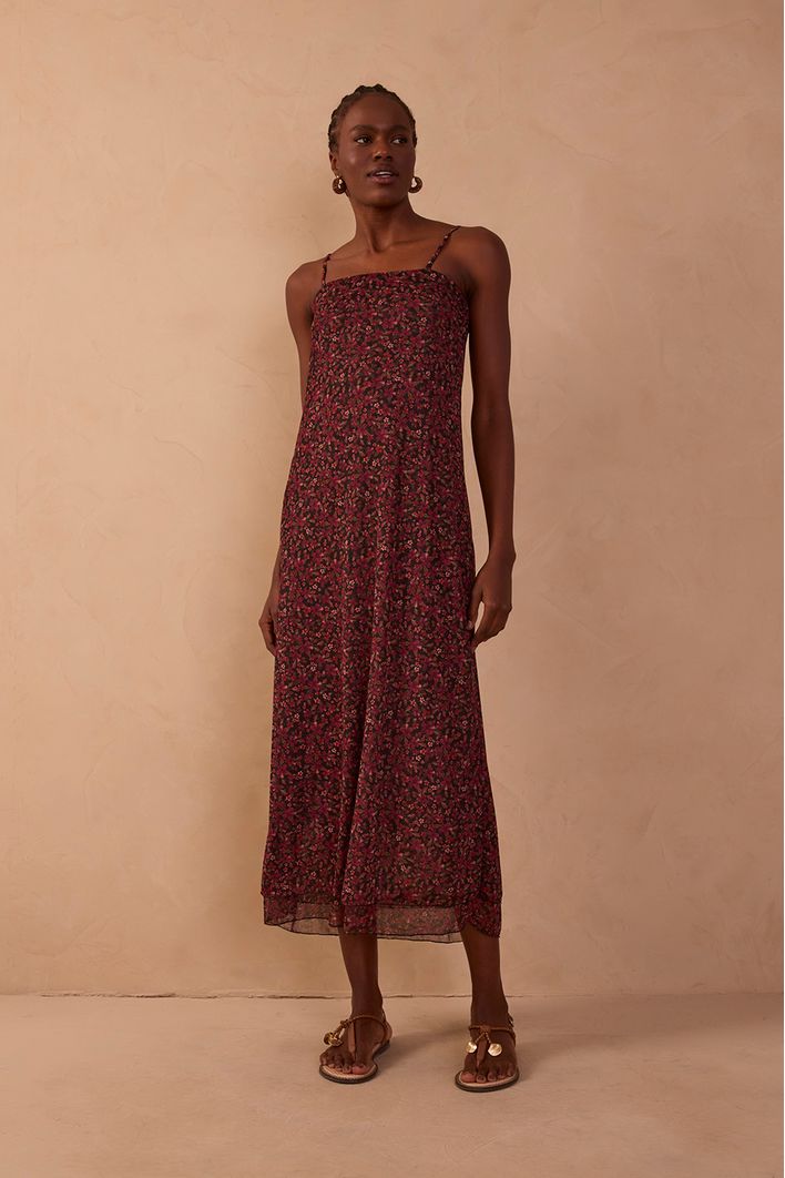 Vestido Tule Estampa Quintal Roxa