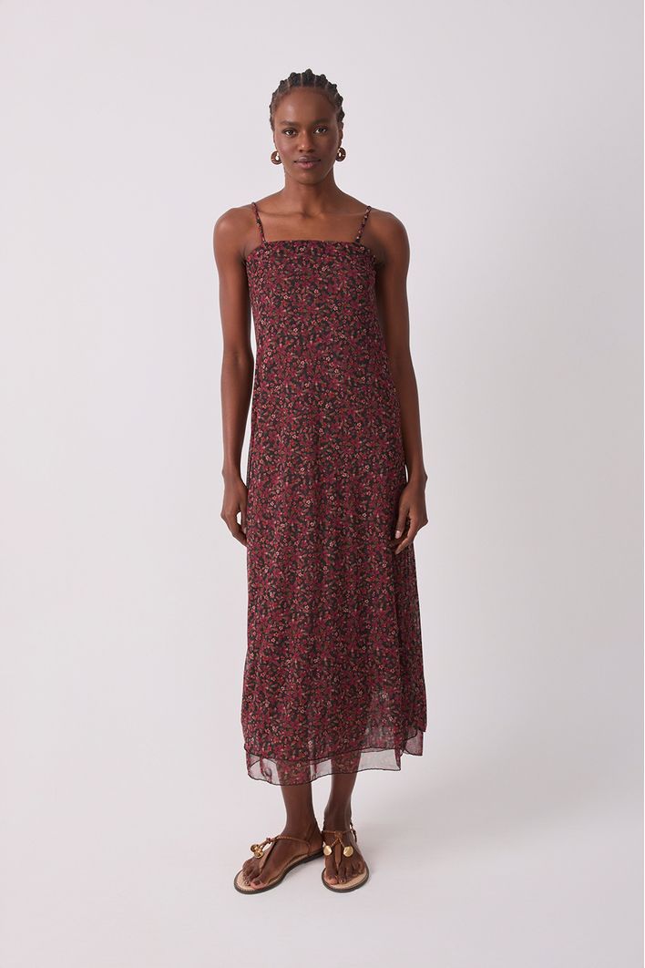 Vestido Tule Estampa Quintal Roxa