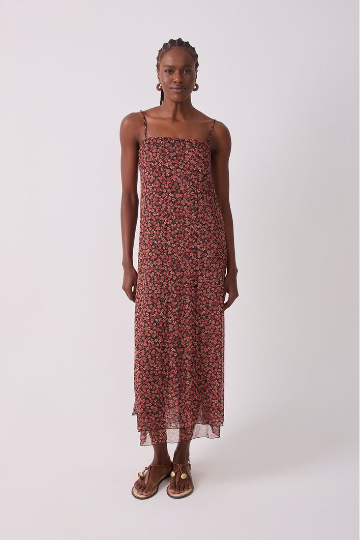 Vestido Tule Estampa Quintal Rosa