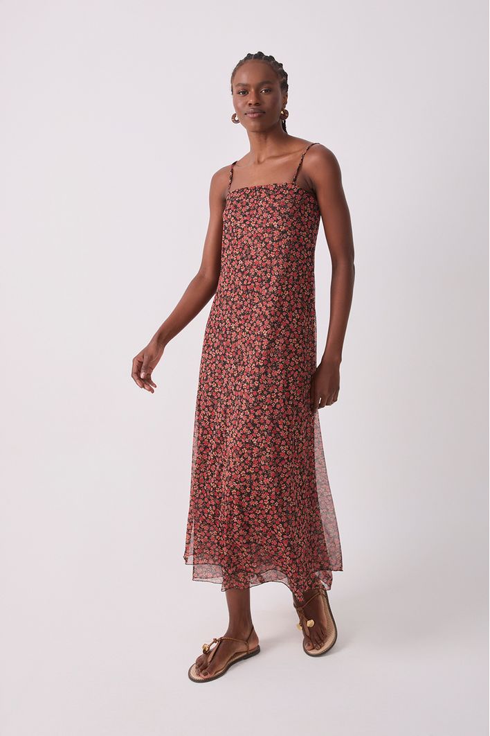 Vestido Tule Estampa Quintal Rosa