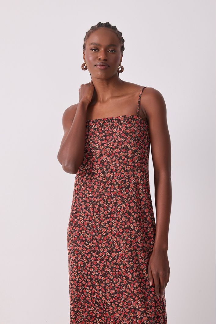 Vestido Tule Estampa Quintal Rosa