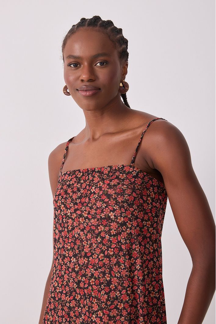 Vestido Tule Estampa Quintal Rosa