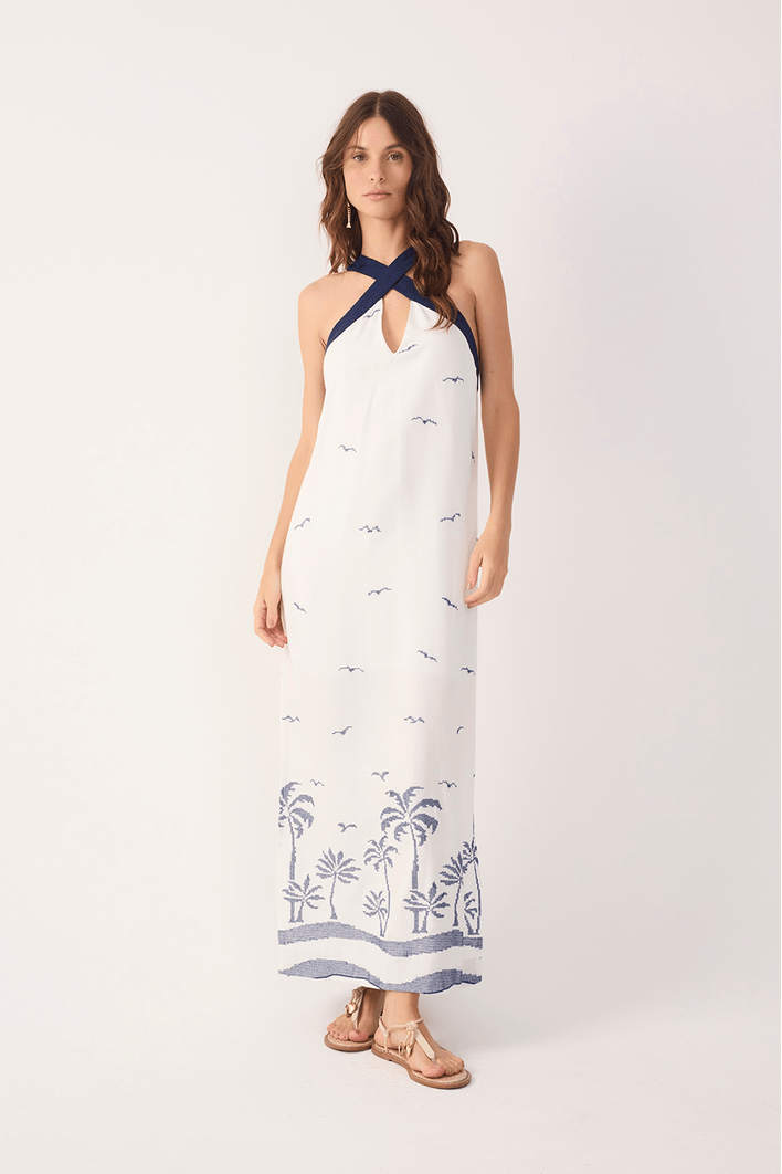 Vestido Cropepd Linho Bordado Coqueiro