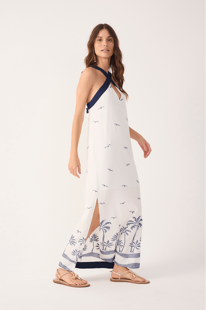 Vestido Cropepd Linho Bordado Coqueiro