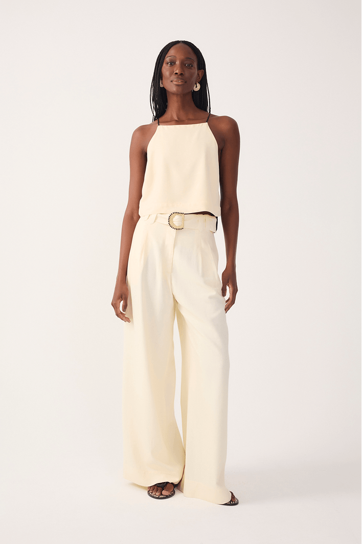 Calça Linho Pantalona Fivela Miçanga