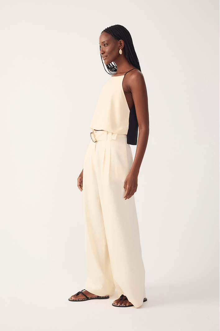 Calça Linho Pantalona Fivela Miçanga