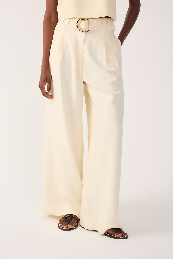 Calça Linho Pantalona Fivela Miçanga