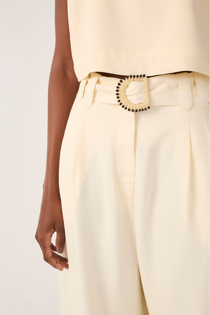 Calça Linho Pantalona Fivela Miçanga