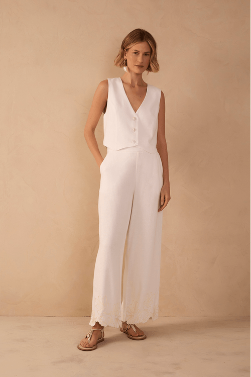 Calça Linho Barra Bordada