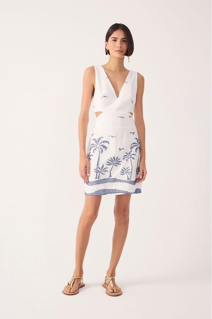 Vestido Curto Linho Bordado Coqueiro