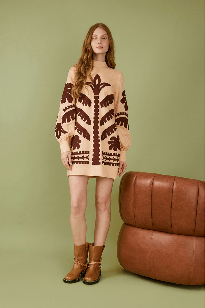 Vestido Linho Bordado Folhagem