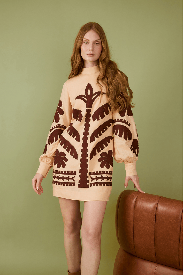 Vestido Linho Bordado Folhagem