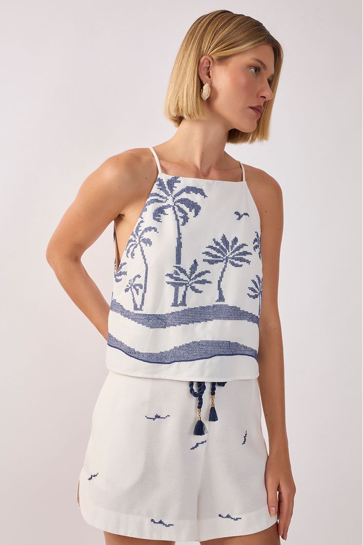 Blusa Linho Bordado Coqueiro