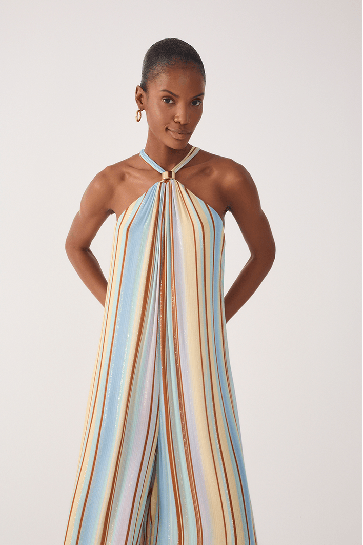 Macacão Lurex Estampa Listra Céu